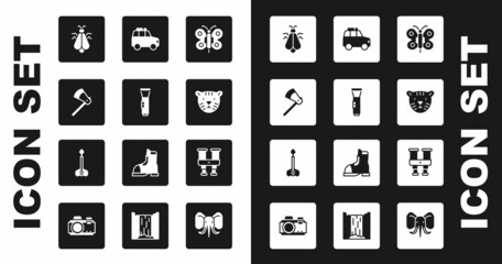 Set Butterfly, Flashlight, Wooden axe, Mosquito, Tiger head, Car, Binoculars and Arrow icon. Vector