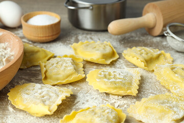 Concept of cooking tasty ravioli, close up