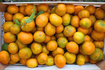 Wooden crate filled with fresh tangerines. Top view.