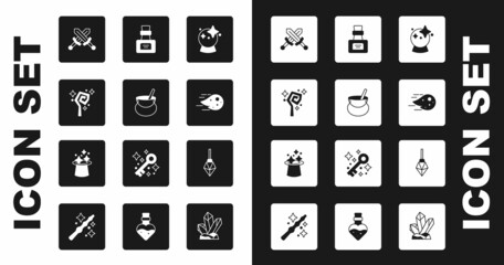 Set Magic ball, Witch cauldron, staff, Crossed medieval sword, Fireball, Bottle with potion, stone and hat icon. Vector
