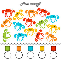 A game for preschool children. Count as many crabs of the same color as possible in the picture.