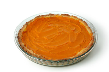 Pumpkin pie isolated on white background, close up