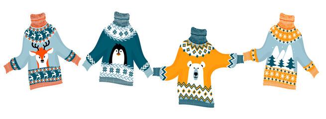 Fototapeta premium Handmade Christmas sweaters flat cartoon vector illustrations set.Festive Xmas and New Year design elements bundle.Winter holiday pullovers decorated scandinavian ornaments and isolated on white.