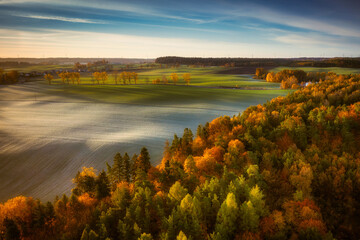 Autumnal landscape of Kashubian forests at sunrise. Poland