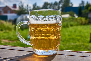 Mug of beer on the background of a rustic landscape