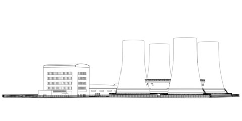 Contour of a power plant from black lines isolated on a white background. Side view. Vector illustration