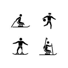 Fototapeta na wymiar Winter season athletics black glyph icons set on white space. Adaptive competitive disciplines. Sports with equipment. Disabled sportsmen. Silhouette symbols. Vector isolated illustration
