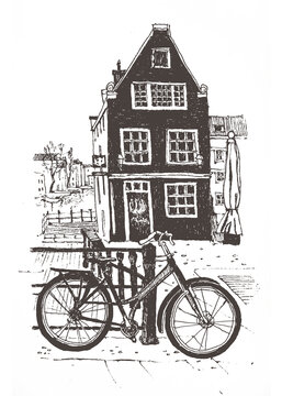 Travel urban sketch of house and bike in Amsterdam. Liner sketch of Amsterdam, Holland, hand drawing sketch, graphic illustration in black color isolated on white background. Travel postcard.