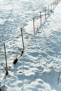 Metal net in snowy winter valley