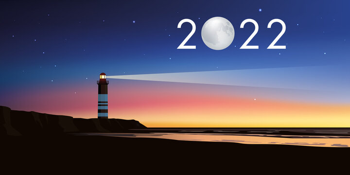 Carte de voeux 2022 avec le concept du phare symbolisant le point de repère permettant de suivre la bonne direction pour relever les défis et les couronner de succès.