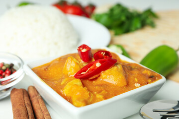 Concept of tasty food with chicken tikka, close up