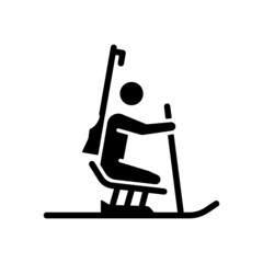 Biathlon black glyph icon. Skiing and shooting combination sport. Winter race activity. Competitive event. Athlete with disability. Silhouette symbol on white space. Vector isolated illustration