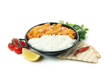 Concept of tasty food with chicken tikka isolated on white background