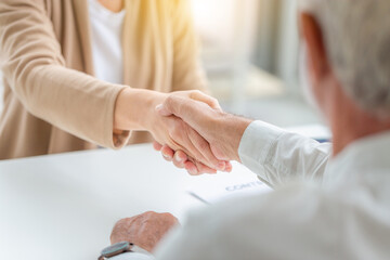Senior man and woman handshake after meeting, Success teamwork concepts