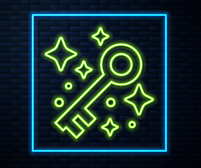 Glowing neon line Old magic key icon isolated on brick wall background. Vector