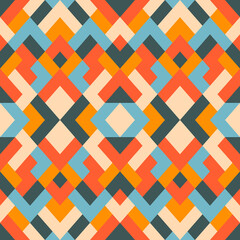 Abstract seamless pattern. Mosaic texture for textile, clown, carpeting, warp, book cover, clothes. Vector geometric background of triangles in orange and blue colors