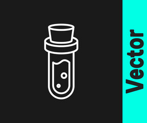 White line Bottle with potion icon isolated on black background. Flask with magic potion. Happy Halloween party. Vector