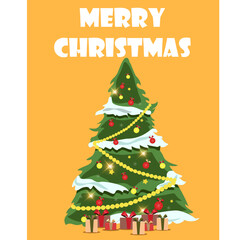 Christmas tree decorated with gifts on a yellow background. Merry Christmas and Happy New Year. Holiday. Plant. December. New Year. Celebration. Stock Vector illustration. Cartoon style.