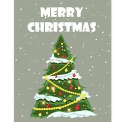 Christmas tree decorated. Catholic Christmas. Holiday. Happy new year 2022. Isolated. Green background. Snowfall. Flat style. Cartoon. Stock Vector Illustration.