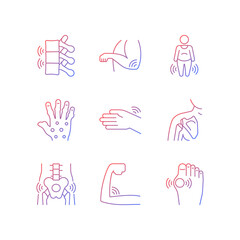 Joint inflammation gradient linear vector icons set. Rheumatoid arthritis. Muscle weakness. Swelling in ligaments. Thin line contour symbols bundle. Isolated outline illustrations collection