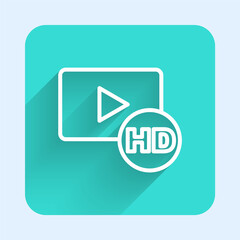 White line Hd movie, tape, frame icon isolated with long shadow background. Green square button. Vector