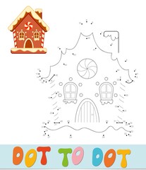 Dot to dot Christmas puzzle. Connect dots game. Gingerbread house illustration