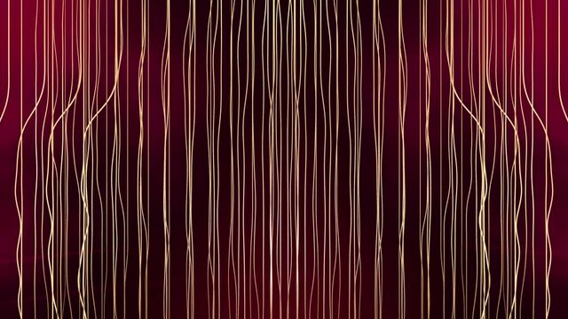 Strings with movement caused by passing objects. Strings moving by the wind or music in abstract motion red background. Yelow vertical lines bending with flowing movement over  red background.