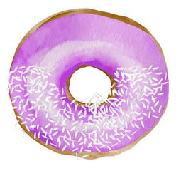 Watercolor sweet donut in purple glaze. Sprinkles colorful donut watercolor illustration isolated on white background