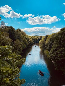 Durham City In June 2021. A High Angle View Of River Amidst Trees Against Sky. Camera Is Iphone 11.