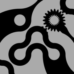 black penguin shaped pattern with gears on a neutral mid-grey coloured background