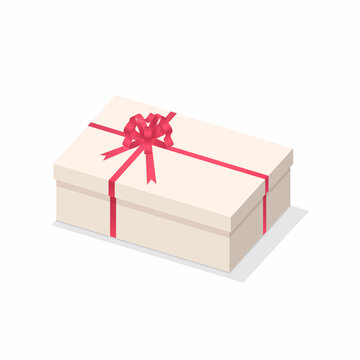 Rectangle shape isometric surprise present box. 3d isometric birthday gift box white wrapping package with red ribbon bow isolated. Festive holiday decor element. 3d isometric colorful bright vector.