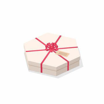 Hexagon shape greeting box with gift tag isolated on white. Isometric 3d white present box with red ribbon bow. Flat vector decor element. Happy birthday surprise box romantic.