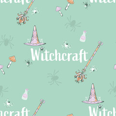 Vector Retro Witchcraft Essentials on Pastel Green seamless pattern background. Perfect for fabric, scrapbooking and wallpaper projects.