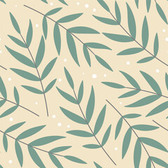 Fototapeta premium Botanical plant branch seamless pattern. Olive tree leaves isolated on light yellow background. Natural hand drawn seamless herbal pattern print design. Vector illustration
