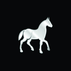 Fototapeta na wymiar Black Race Horse On Walking Pose Side View silver plated metallic icon