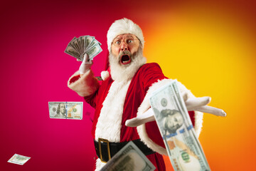 Front camera view of emotional Santa Claus wishes wealth and prosperity to every family in New Year...