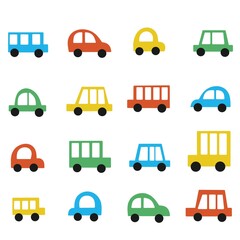 A collection of cute cartoon children's cars isolated on a white background. A set of different car models for wallpaper, textiles for clothes, postcards. Red, yellow, green and blue cars.