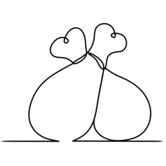 Two chicken drumsticks crosswise. Drawing one line of hot crispy fried chicken leg for the restaurant logo. The concept of a fast food cafe logo template. Modern design illustration with one line.