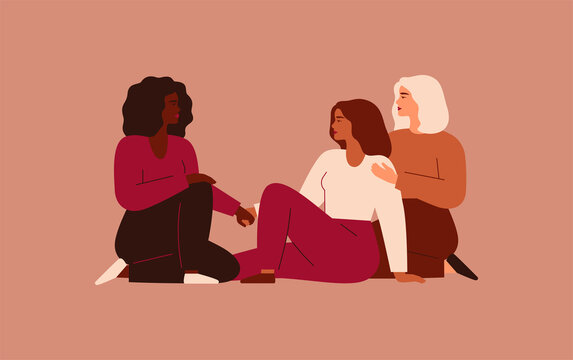 Women support each other. Three female characters sit together and hold arms. Friendship poster, the union of feminists and sisterhood. Vector illustration