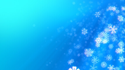 Christmas snowflakes illustration, blue and turquoise. Also available as an animation - search for 197538665 in Videos. Holiday background of snow falling with copy space on the left side.