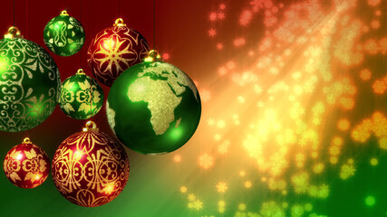 Christmas 3D illustration with the Earth as an Xmas ball and copy space. Also available as an animation - search for 197527984 in Videos. Red, green and gold baubles on a background of snowflakes.