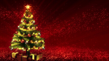 Christmas tree 3D illustration with copy space on right side. Dark red background. Also available as an animation - search for 197544935 in Videos.