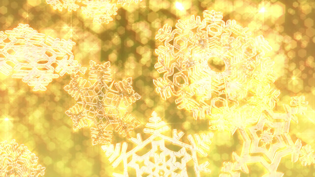 Big gold Christmas snowflakes on a background of sparkly defocused snow or glitter, 3D. Also available as an animation - search for 197548465 in Videos.