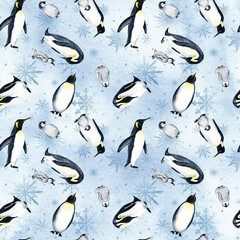 Watercolor penguin pattern, Christmas seamless texture, Arctic wild animals, baby penguin, winter tilable design on blue background for wrapping paper, textile, wallpaper, fabric