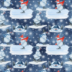 watercolor snowman on iceberg pattern, ski snowman in hat texture, Hand drawn Christmas illustration on blue background, Cute snowman with scarf, Design for textile, fabric, wrapping paper, wallpaper