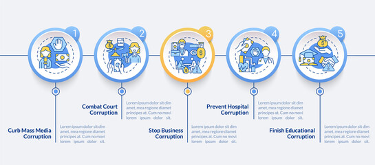 Corruption prevention vector infographic template. Abuse of power presentation outline design elements. Data visualization with 5 steps. Process timeline info chart. Workflow layout with line icons