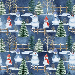watercolor snowmen pattern, Trees and snowmen in hat texture, Hand drawn Christmas illustration on blue background, tilable background, Cute snowman with scarf, Design for textile, wrapping paper