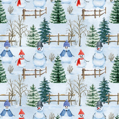 watercolor snowmen pattern, Trees and snowmen in hat texture, Hand drawn Christmas illustration, tilable background, Cute snowman with scarf, Design for textile, fabric, wrapping paper, wallpaper