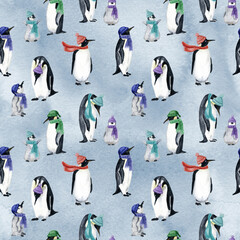 Watercolor penguin pattern, Christmas seamless texture, Arctic wild animals, Hand drawn Penguin in hat, baby penguin, winter tilable design on blue background for wrapping paper, textile, wallpaper