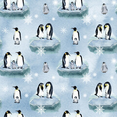 Watercolor penguin family pattern, Black penguins on iceberg seamless texture, Arctic wild animals, baby penguin, winter tilable design on blue background for wrapping paper, textile, wallpaper